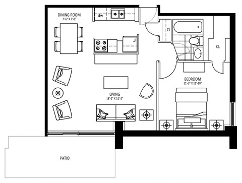 Floor plan for 1 bed, 1 bath, 653 sqft